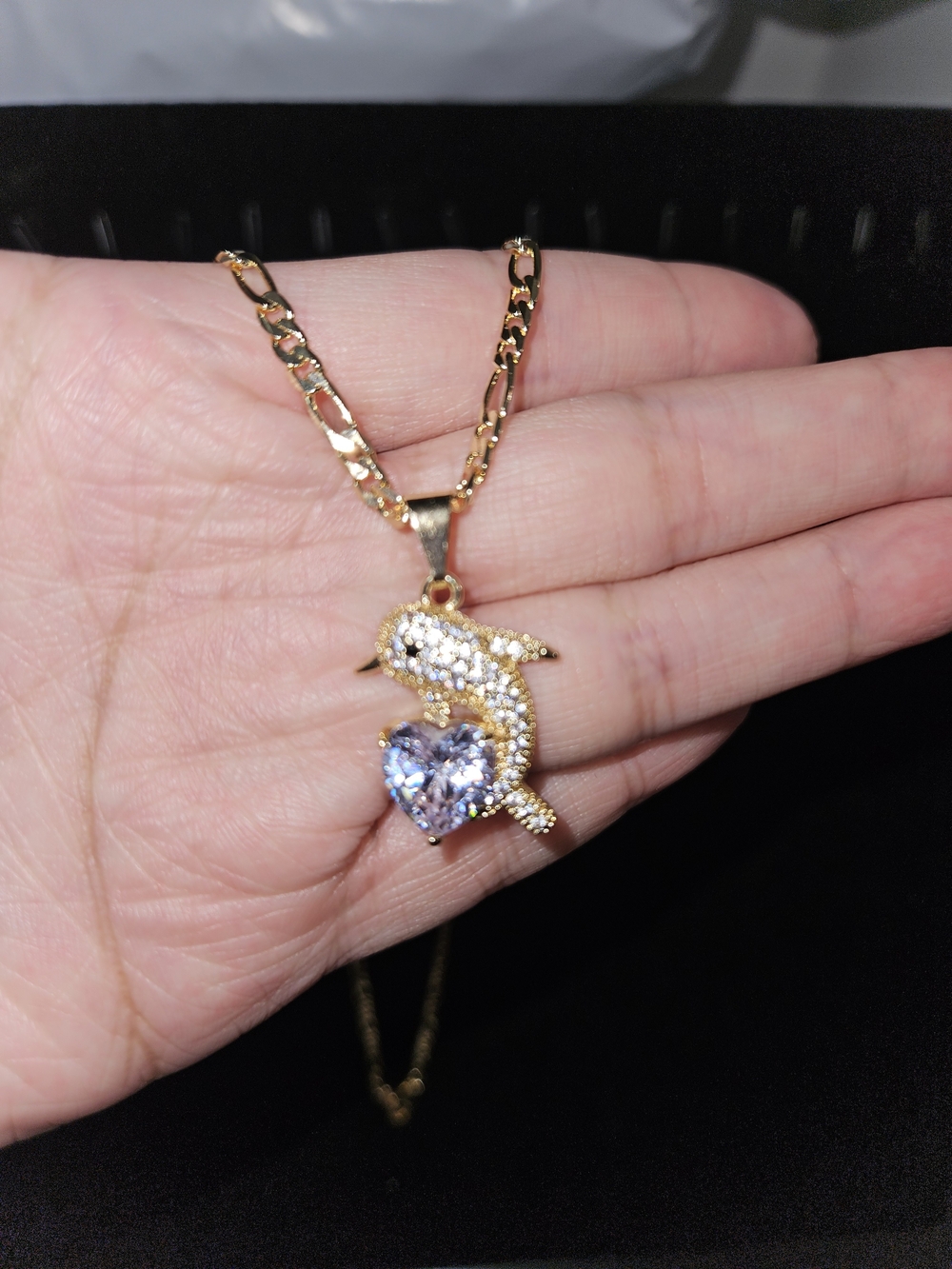 Gold Plated Dolphin Pendant Necklace with Lavender Heart Crystal